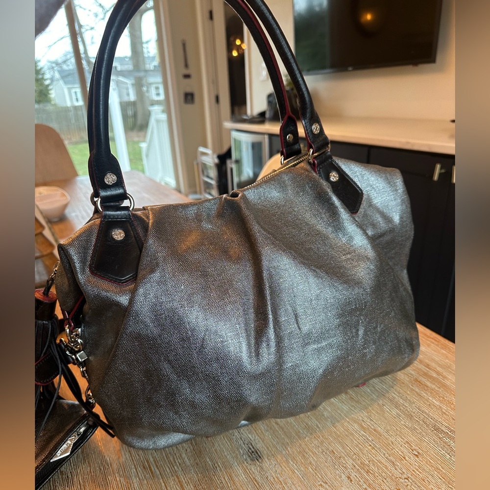 MZ Wallace Crossbody/shoulder bag; Metallic silver with black and red details